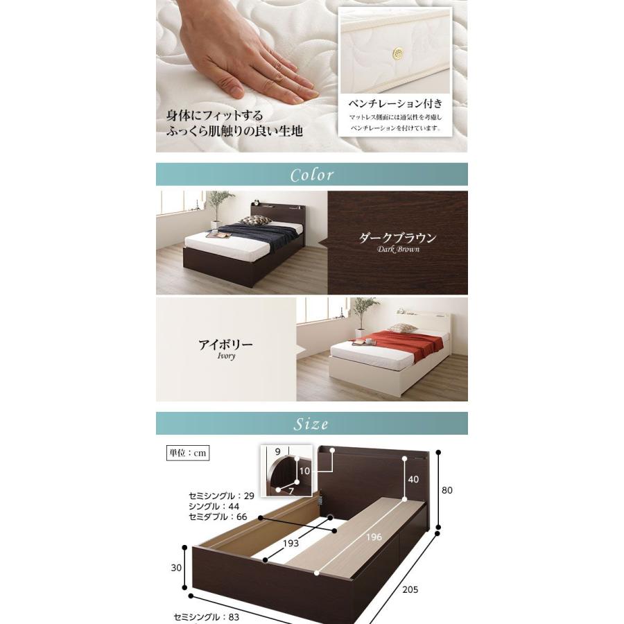 (お客様組立) セミシングルベッド マットレス付き ポケットコイル 引き出し2杯 薄型