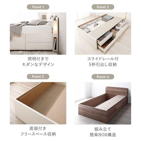 収納付きベッド 通常丈セミダブル 3ゾーンポケットコイルマットレス付き 通常床板タイプ 照明付 お客様組立_2