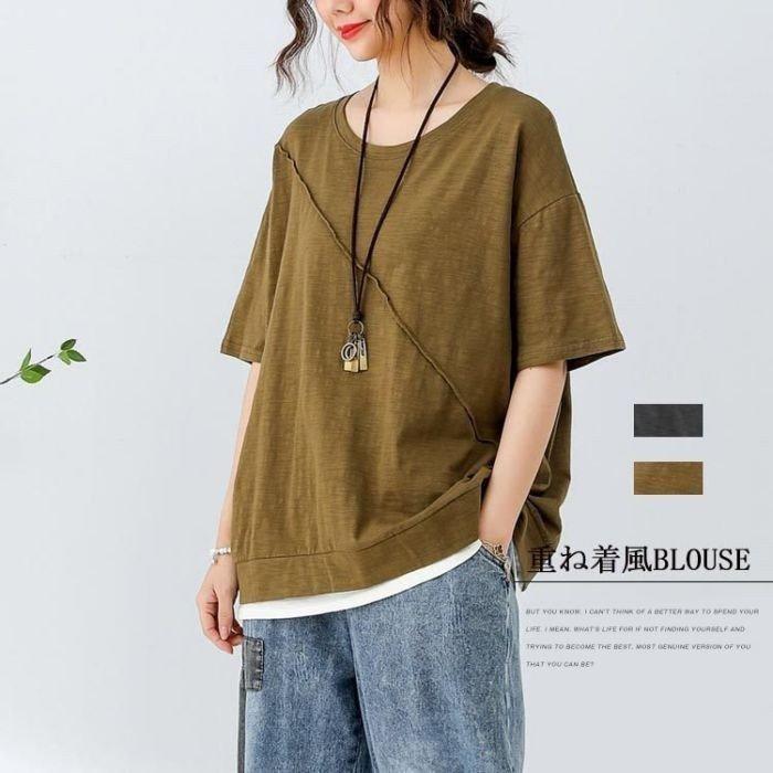 21 Tシャツ Tシャツ 半袖 夏 ゆったり 重ね着風 レディース カットソー トップス 綿シャツ コットン 着痩せ ラウンドネック 体型カバー カジュアル 30代 40代 超特価sale開催