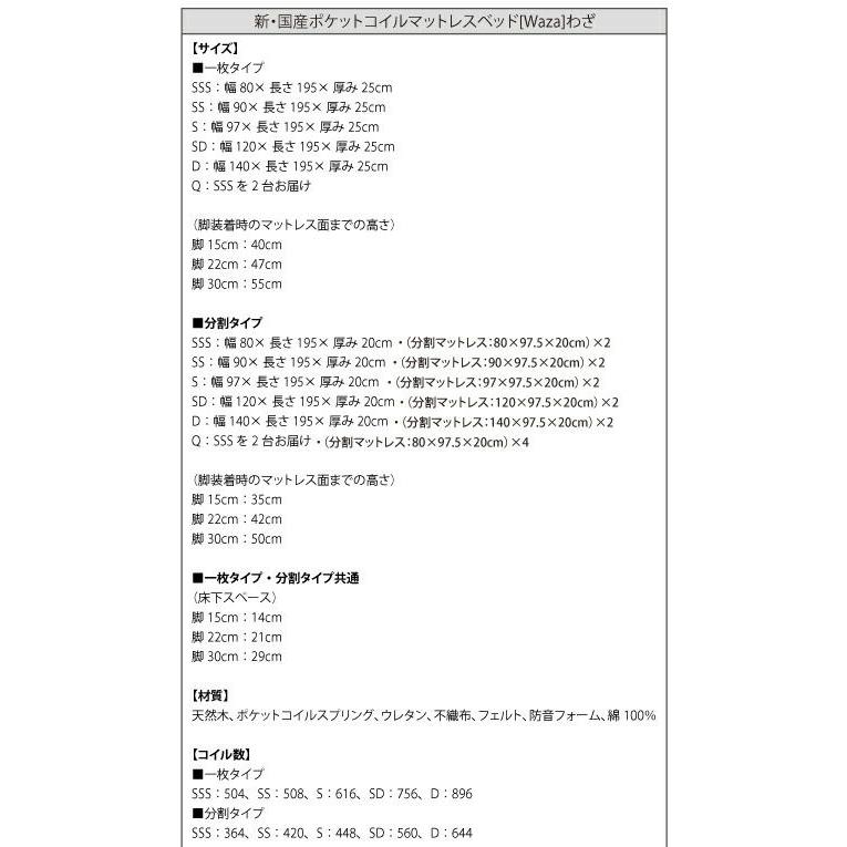 脚付きマットレスベット セミシングル 国産ポケットコイル やや硬め 脚30cm 【大型】 線径1.8mm