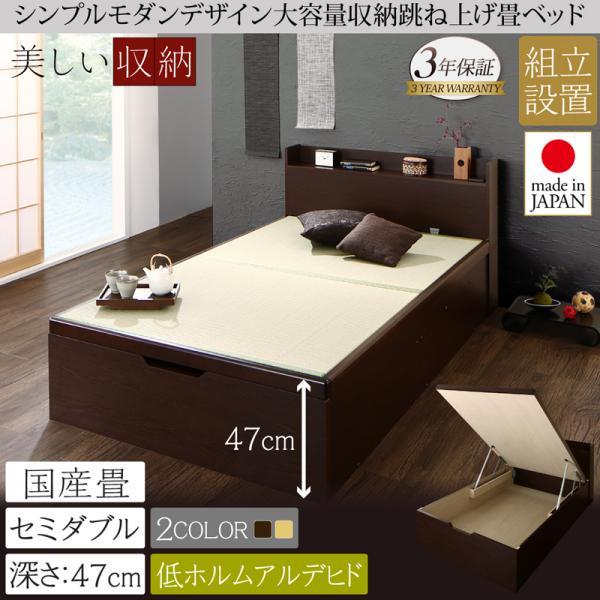 組立設置付 畳ベッド セミダブルベッド 国産畳 深さグランド 日本製 棚付きガス圧式跳ね上げ式ベッド