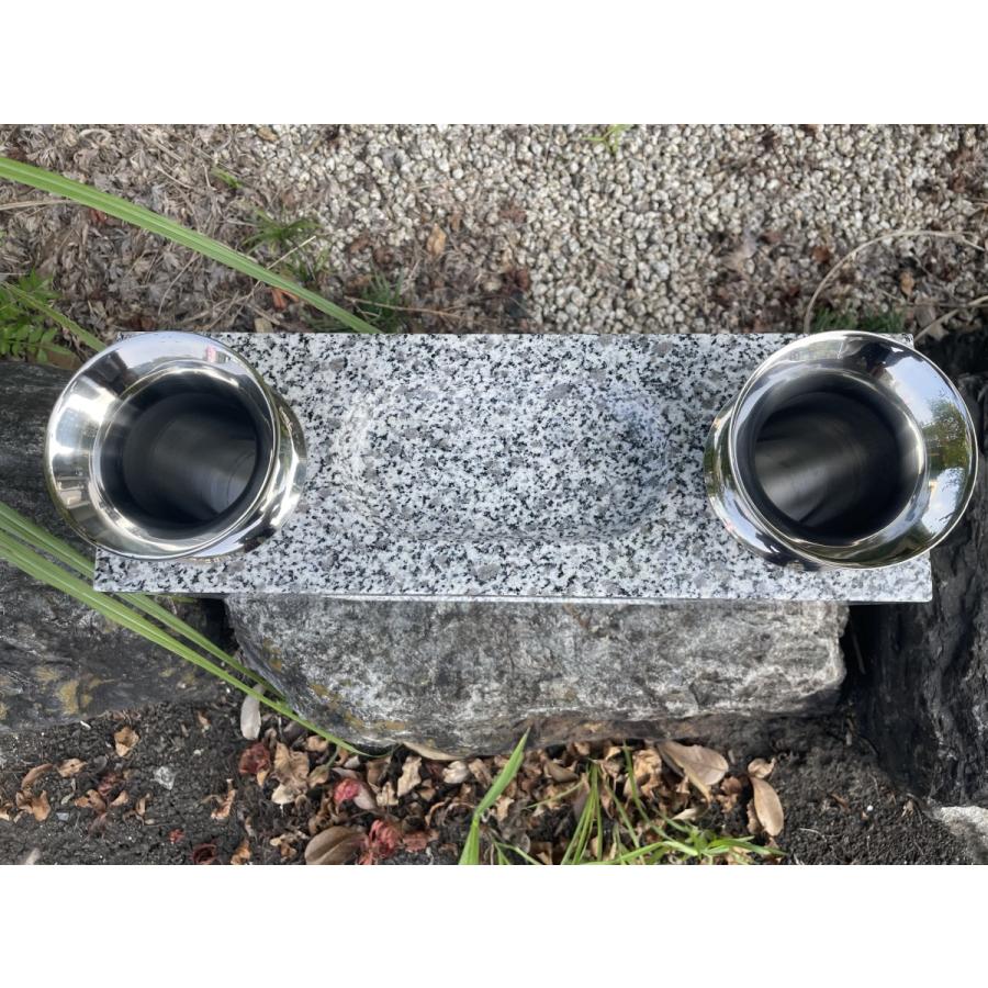 お墓用 花立・香炉一体型 高級白御影石製 ステンレスの花筒、線香皿  