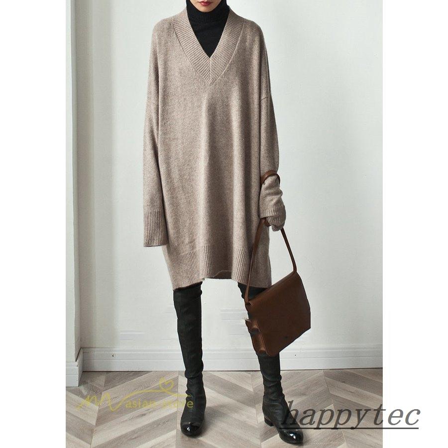 柔らかい 秋冬 レディース ニットセーター 新作 長袖 オーバーサイズ 着痩せ 韓国風 ニット ゆったり セーター 無地 セータートップス Vネック 長袖 ニットソー 長袖 サイズ フリーサイズ Power E Ru