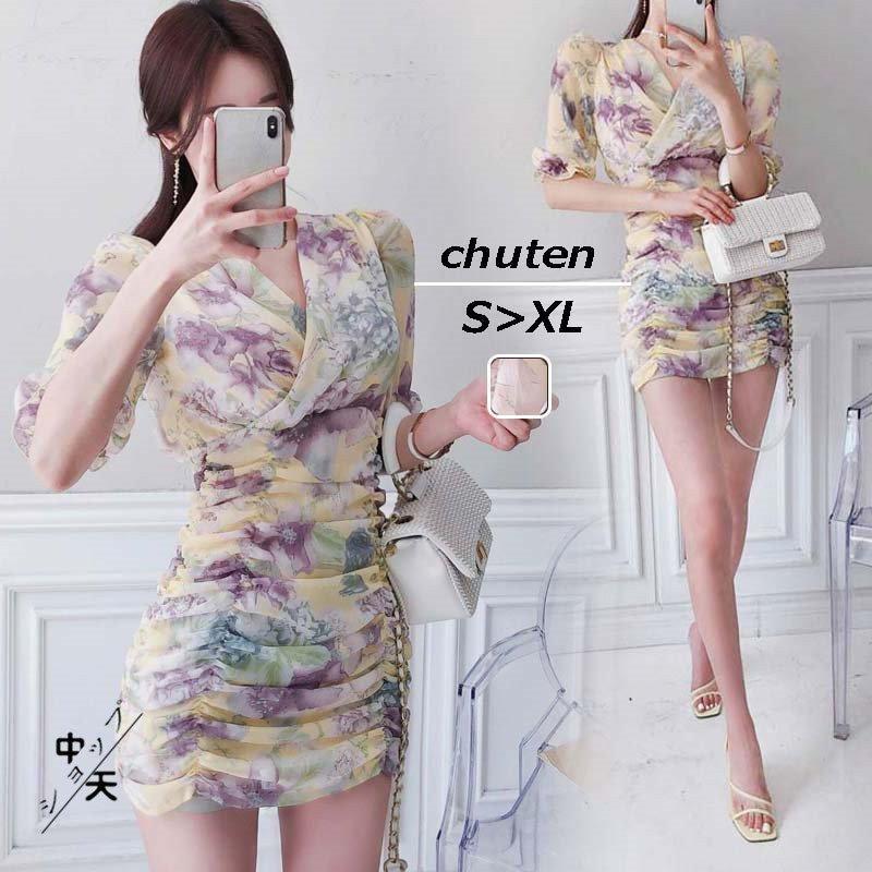 ワンピース タイトワンピース ミニワンピース レディース 夏 半袖 きれいめ Vネック シャーリング スリム お呼ばれ シフォンワンピース 結婚式 二次会 お得な特別割引価格