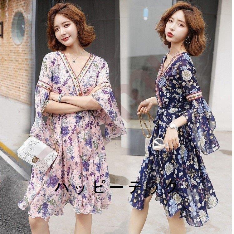 ワンピース レディース 40代 ワンピース 春夏 花柄 ベルト付き フレア きれいめ膝丈上品 五分袖 Vネック 大きいサイズ 通勤セット お出かけ 大人 30代 50代 全ての