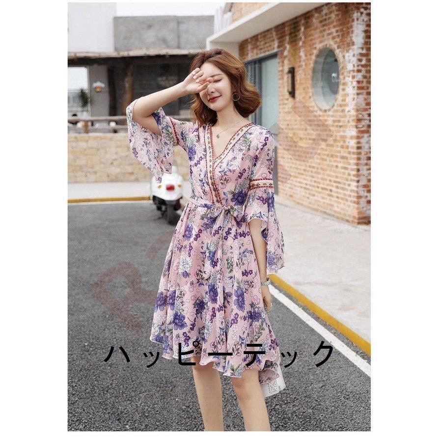 ワンピース レディース 40代 ワンピース 春夏 花柄 ベルト付き フレア きれいめ膝丈上品 五分袖 Vネック 大きいサイズ 通勤セット お出かけ 大人 30代 50代 全ての