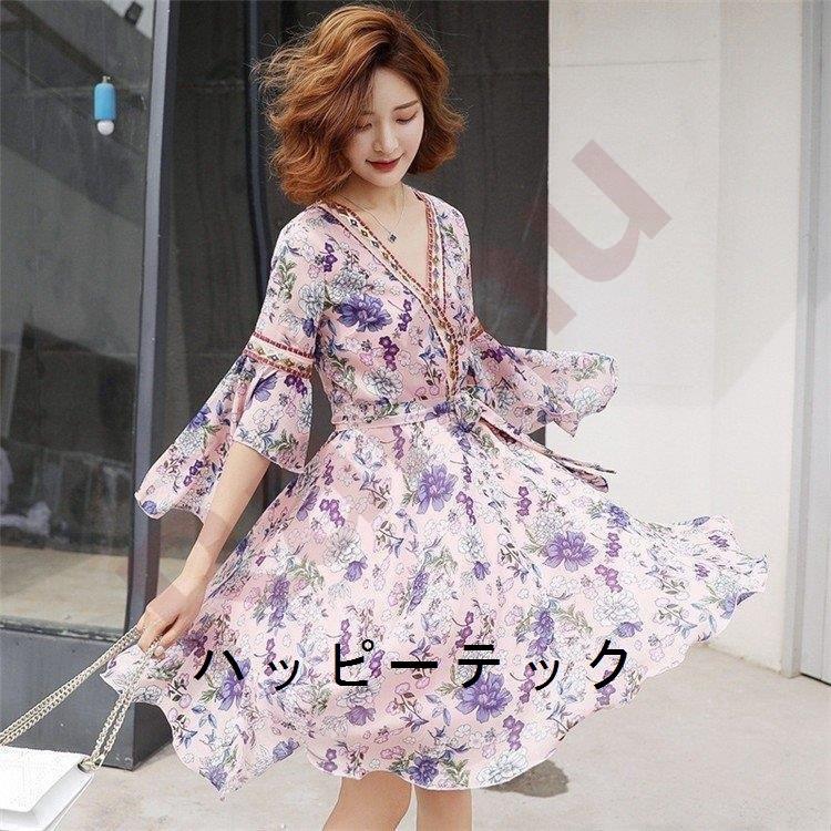 ワンピース レディース 40代 ワンピース 春夏 花柄 ベルト付き フレア きれいめ膝丈上品 五分袖 Vネック 大きいサイズ 通勤セット お出かけ 大人 30代 50代 全ての