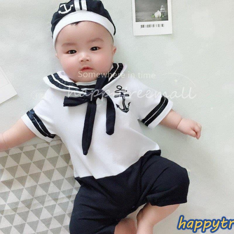 半袖ロンパース カバーオール ベビー 赤ちゃん服 水兵さん マリンルック 帽子付き セット 襟付き セーラー服 かわいい 出産祝い Happy Tree Mall 通販 Yahoo ショッピング