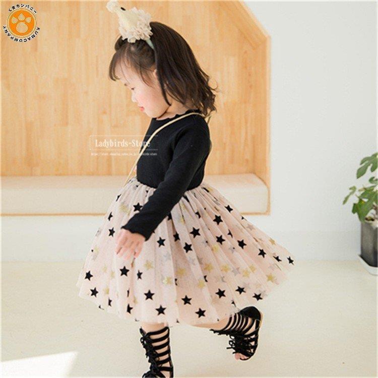 子供服 ワンピース 長袖 星柄 チュールワンピース キッズ ドレス ピアノ フォーマル 女の子 きれいめ 膝丈 通園 旅行 日本製