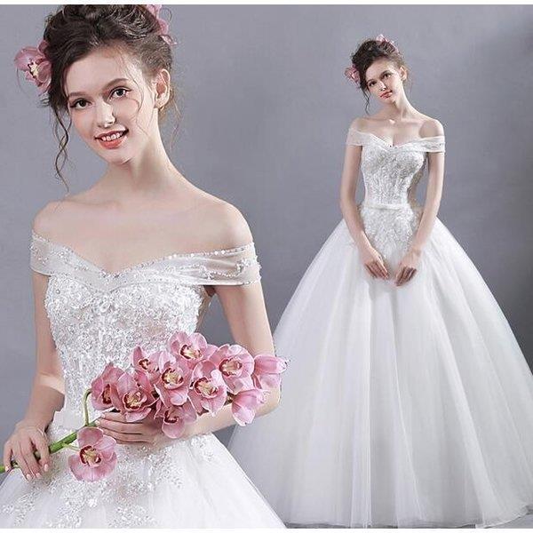 かわいい新作 ウェディングドレスパーティドレス着痩せ花柄二次会結婚式司会者披露宴花嫁オフショルター パーティドレス サイズ Xl Vesismin Com