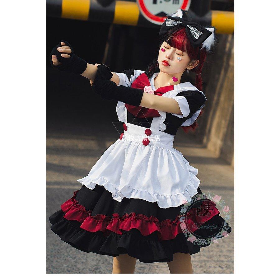 最安値挑戦 メイド服 ワンピース 黒赤 レディース コスプレ 膝丈 エプロン クラシカル ロイヤルメイド ロリータ フリル 髪飾り 制服 喫茶店変装 ハロウィン Honeymoon Style