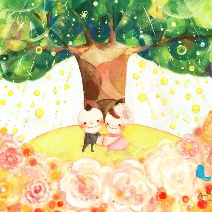 結婚記念日 結婚祝い プレゼント 絵 幸せアート(Shine Tree/Lサイズ
