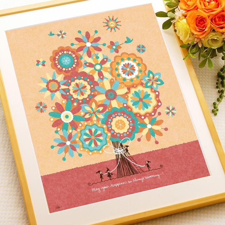 版画　額縁つき　白　ホワイト　幸福の花束　音楽 プレゼント お祝い 絵 幸せアート(幸せの花束/Mサイズ) 名前入れ