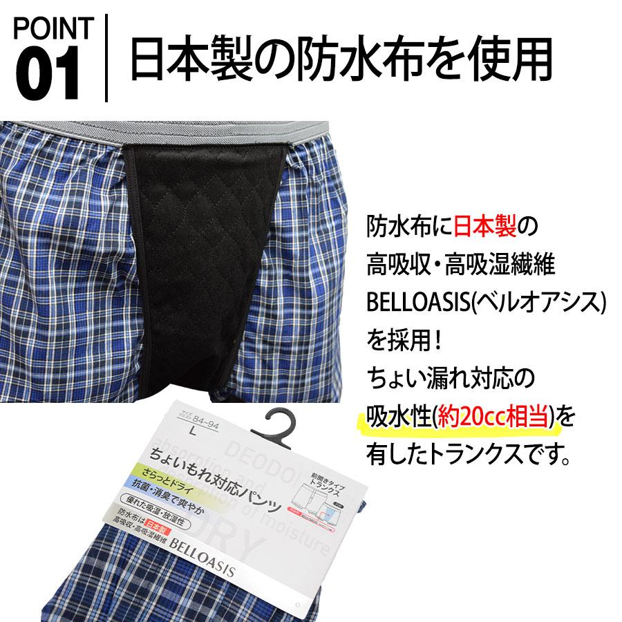 日本製防水布使用 ちょい漏れ トランクス 軽失禁パンツ 尿もれパンツ 男性用 メンズ 送料無料 抗菌 消臭 2枚組 前開き｜happywear｜02