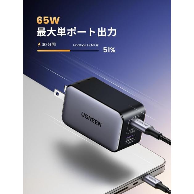 UGREEN Nexode 65W 充電器 急速 Type-C 3ポート【USB-C *2とUSB-A*1