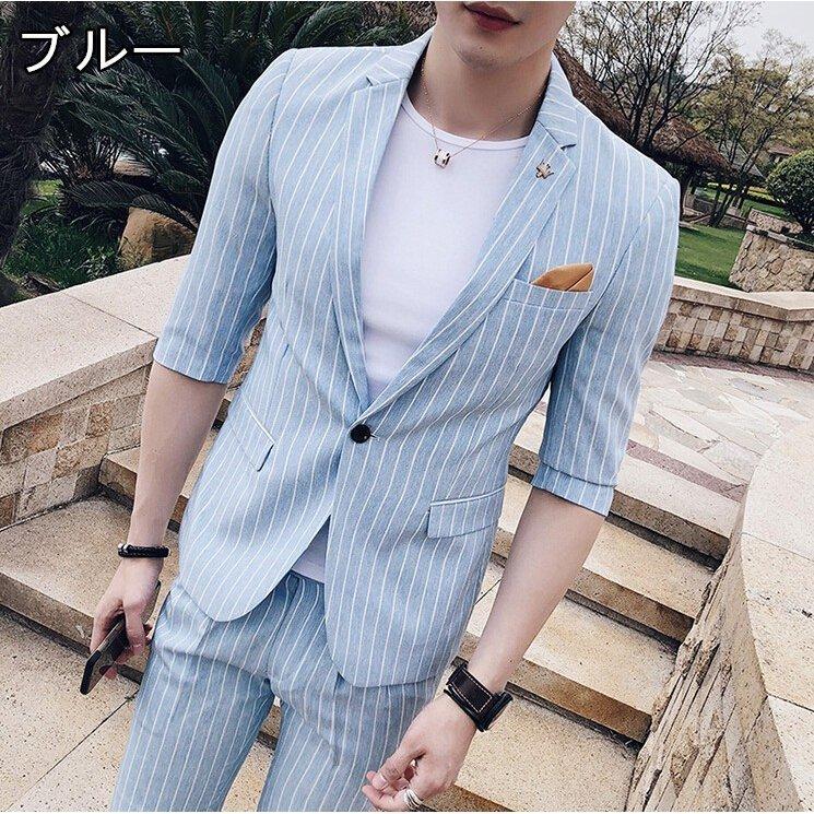 信頼 夏 ビジネススーツ メンズ 薄手 ストライプ 七分丈 セットアップ 2点セット ショートパンツ 短パン 五分丈 フォマール 通勤 スリム カジュアル Www Ampselectric Com