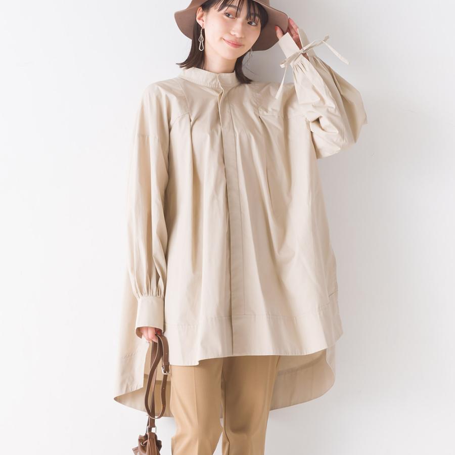 Omnes Supremo タイプライター袖リボンビッグシャツ レディース カジュアル 長袖シャツ スタンドカラー サイドスリット ビッグシルエット Haptic Paypayモール店 通販 Paypayモール