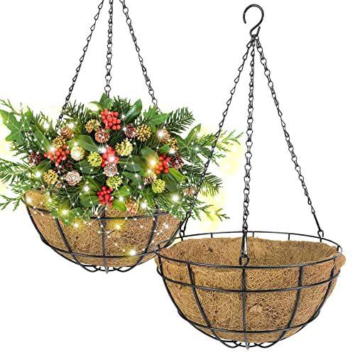 Metal Hanging Planter Basket with Coco Coir Liner 12 Inch 2Pack Round Wire