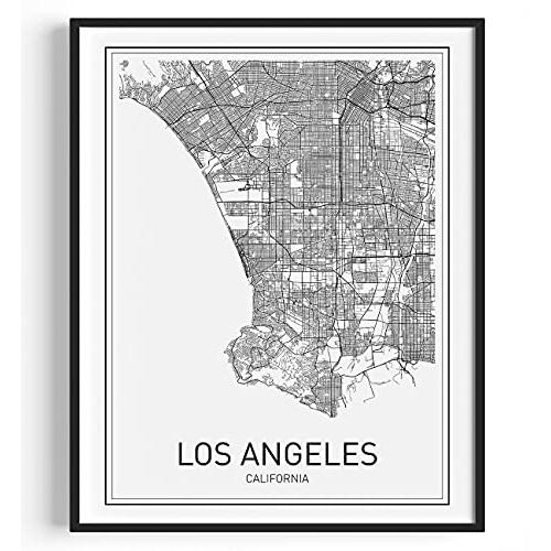 ロサンゼルスの地図 LAポスター カリフォルニア州の都市地図 ウォールアート プリント、モダンなアートワーク 白黒の都市地図 ホーム