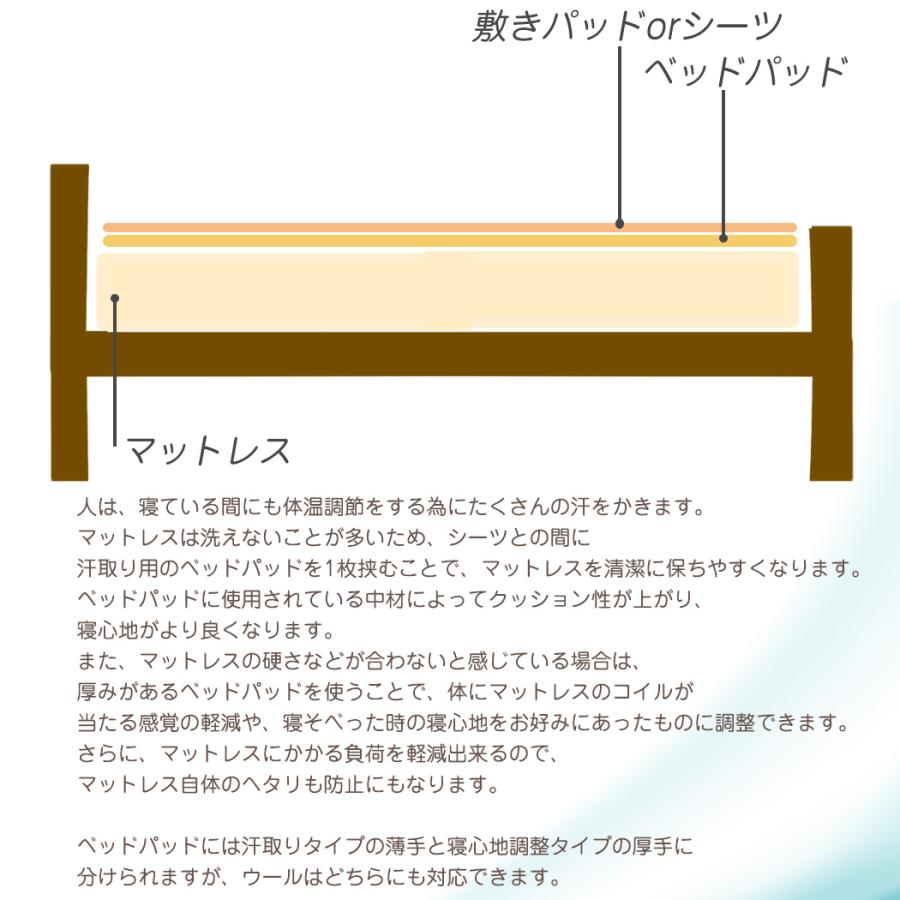 ベッドパッド 厚手 ワイドダブル 洗える 羊毛100% 154×200cm フランス産 ウール100% 生成り 無地 4隅ゴム 讃岐ブランド 日本製　　｜hapyy-singu｜14