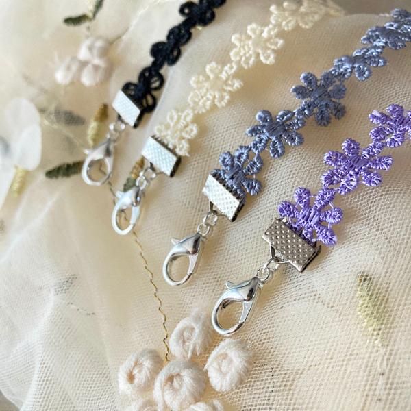 日本製 マスク 首かけクリップ ネックストラップ 金属アレルギー対応 マスクコード ストラップ レース 花柄 マスク ストラップ　（シルバー） |  | 01