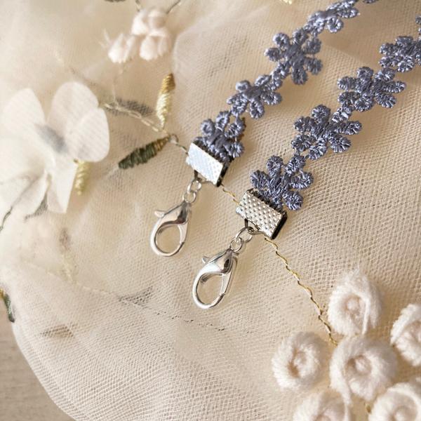 日本製 マスク 首かけクリップ ネックストラップ 金属アレルギー対応 マスクコード ストラップ レース 花柄 マスク ストラップ　（シルバー） |  | 09