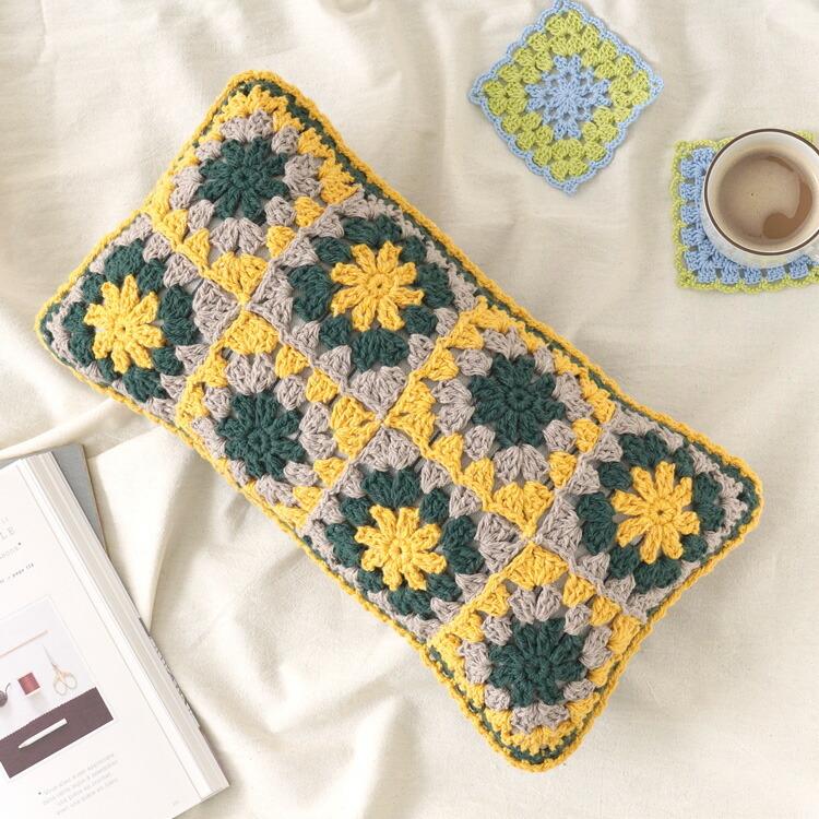 手編みニット＃似顔絵入りウール100%  クッションカバー 原ウール knitworm 編み物キット 長方形のモチーフクッション