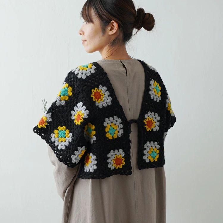 原ウール knitworm あみものキット #7-3 モチーフつなぎのボレロ ボレロ ハンドメイド 手作り 編み物キット キット 手芸 裁縫 毛糸 編み物 おうち時間 趣味の画像