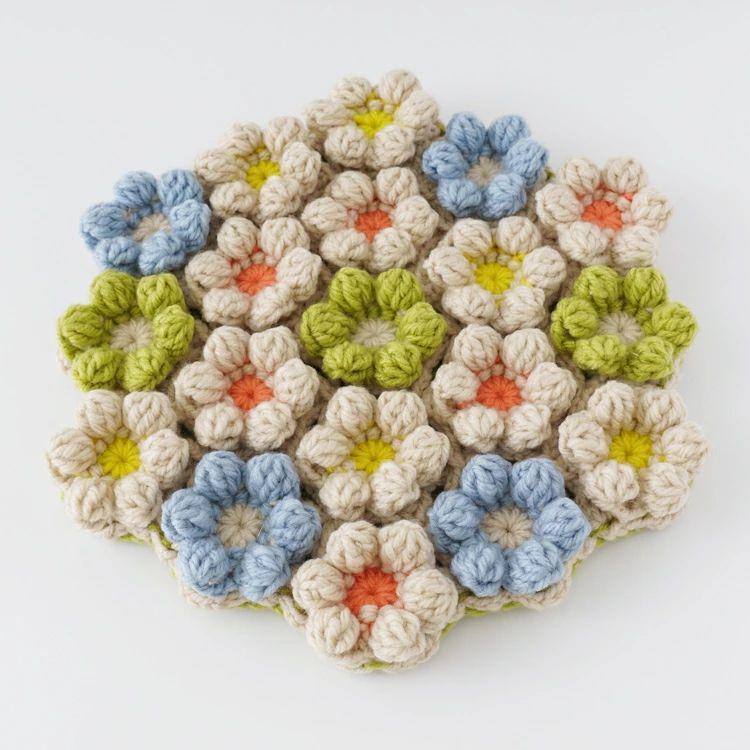 原ウール knitworm 編み物キット #8-1 立体お花モチーフの円座 円座