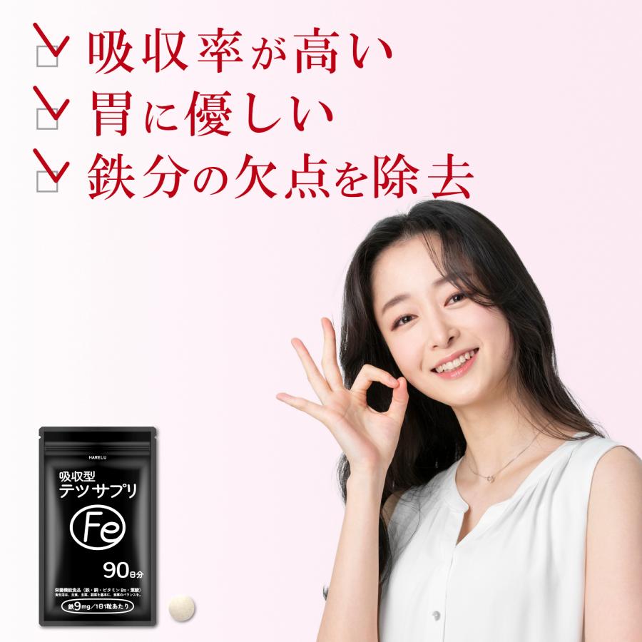 鉄 サプリ 90日分×2袋 吸収率 鉄分 サプリメント 葉酸 ビタミンB12 銅 赤血球 鉄分不足 妊婦 妊娠 授乳 非 ヘム鉄 | HARELU（サプリ） | 01