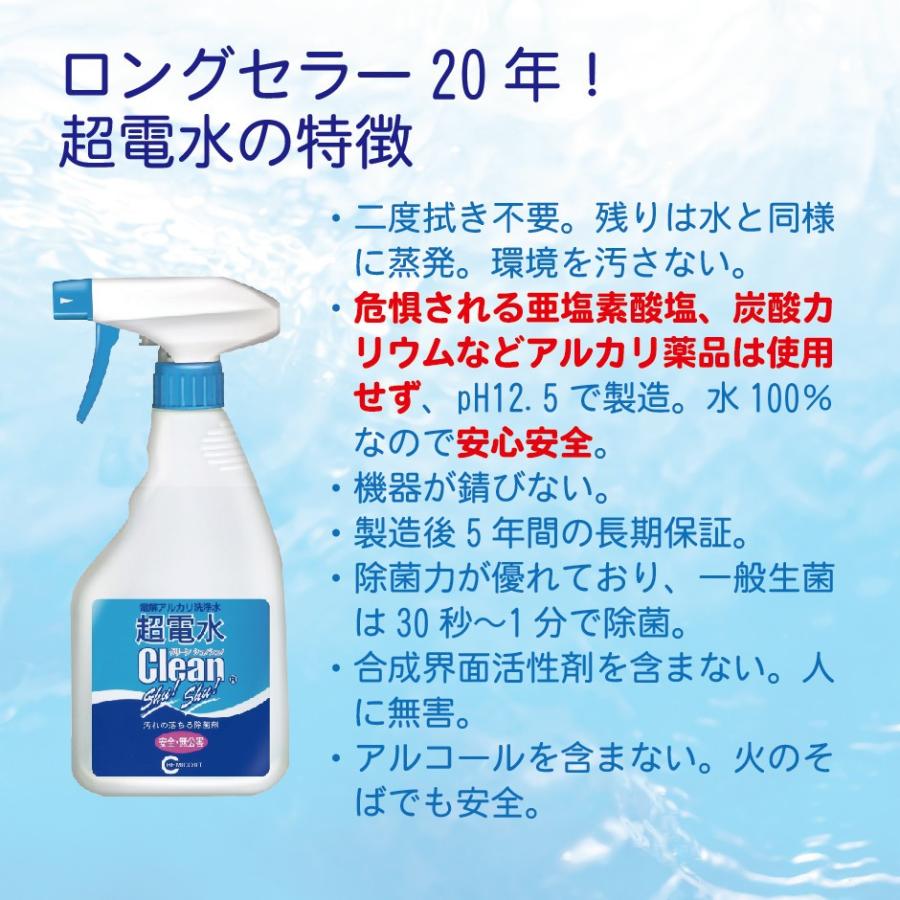 超電水クリーンシュ！シュ！ Lボトル アルカリイオン電解水 除菌 洗浄 消臭 掃除 激落ち 油汚れ 水の力｜harelu7｜07