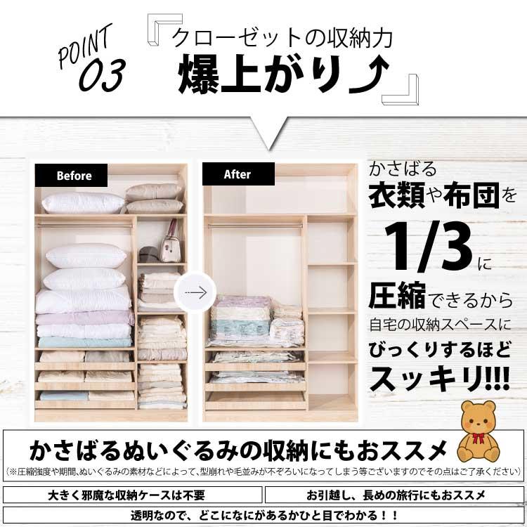 圧縮袋 衣類 ２枚セット 旅行 ふとん 布団 掃除機なし 掃除機不要 ぬいぐるみ 収納ケース ダウン 毛布 大掃除 衣替え クローゼット 押し入れ 防虫 防カビ 防ダニ｜hareruyashanti｜05