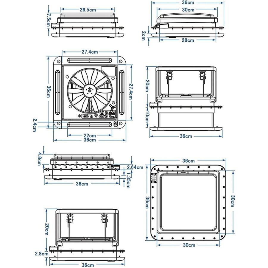 12V RVキャンピングカー 換気扇 280x280mm エアベント排気ファン 排気 換気 双方向空気交換 ルーフマウント 換気扇 LEDライト付き  11/14インチ