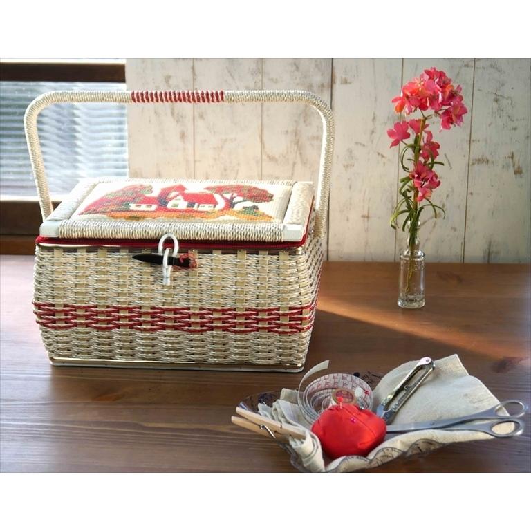 裁縫箱 おしゃれ レトロ ソーイングバスケット 胴持ち手式 H柄 木製留