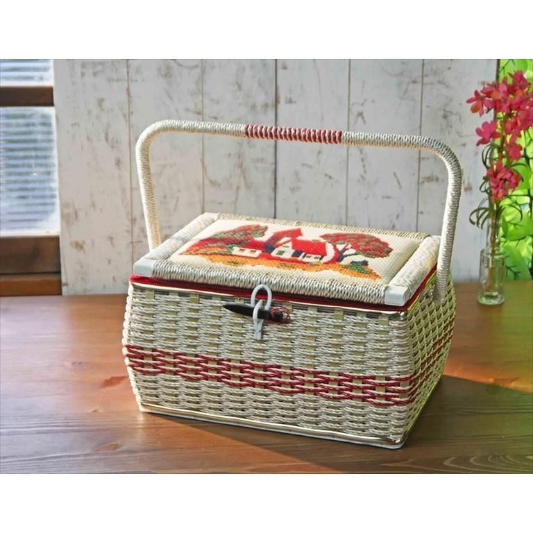 裁縫箱 おしゃれ レトロ ソーイングバスケット 胴持ち手式 H柄 木製留