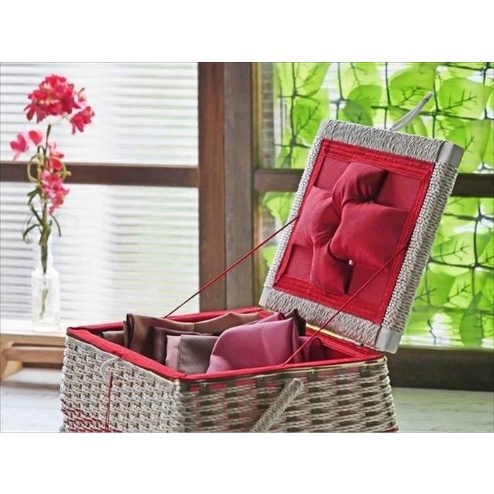 裁縫箱 おしゃれ レトロ ソーイングバスケット 胴持ち手式 H柄 木製留