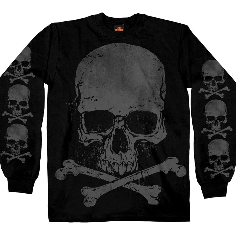HOT LEATHERS スカルプリントロングスリーブTシャツ長袖 黒  ロンT 米国直輸入! ホットレザー ジャンボプリント スカル アンド