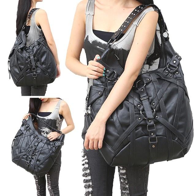 送料無料!】ベルトスタッズPUレザービッグバッグ! 男女兼用 ブラック