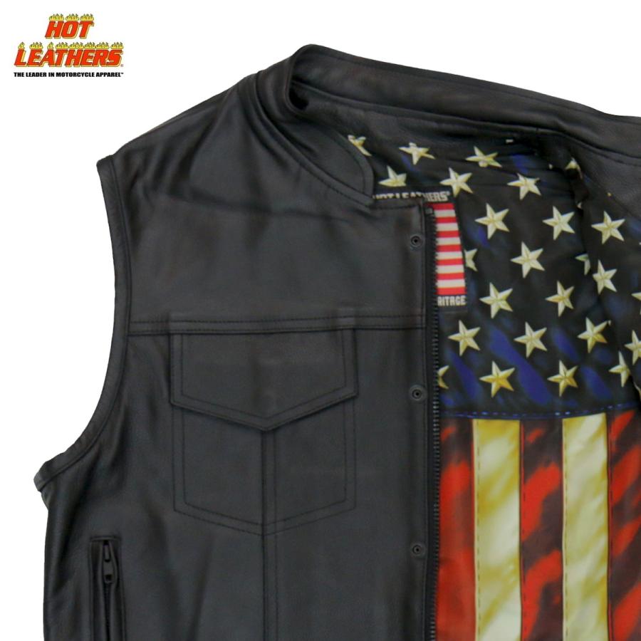 Hot Leathers バイク レザーベスト 本革 牛革 Vintage Flag Liner 星条旗 ヴィンテージ柄裏地 7ポケット 高級カウハイド 米国ホットレザー メンズ 大きいサイズ｜harley