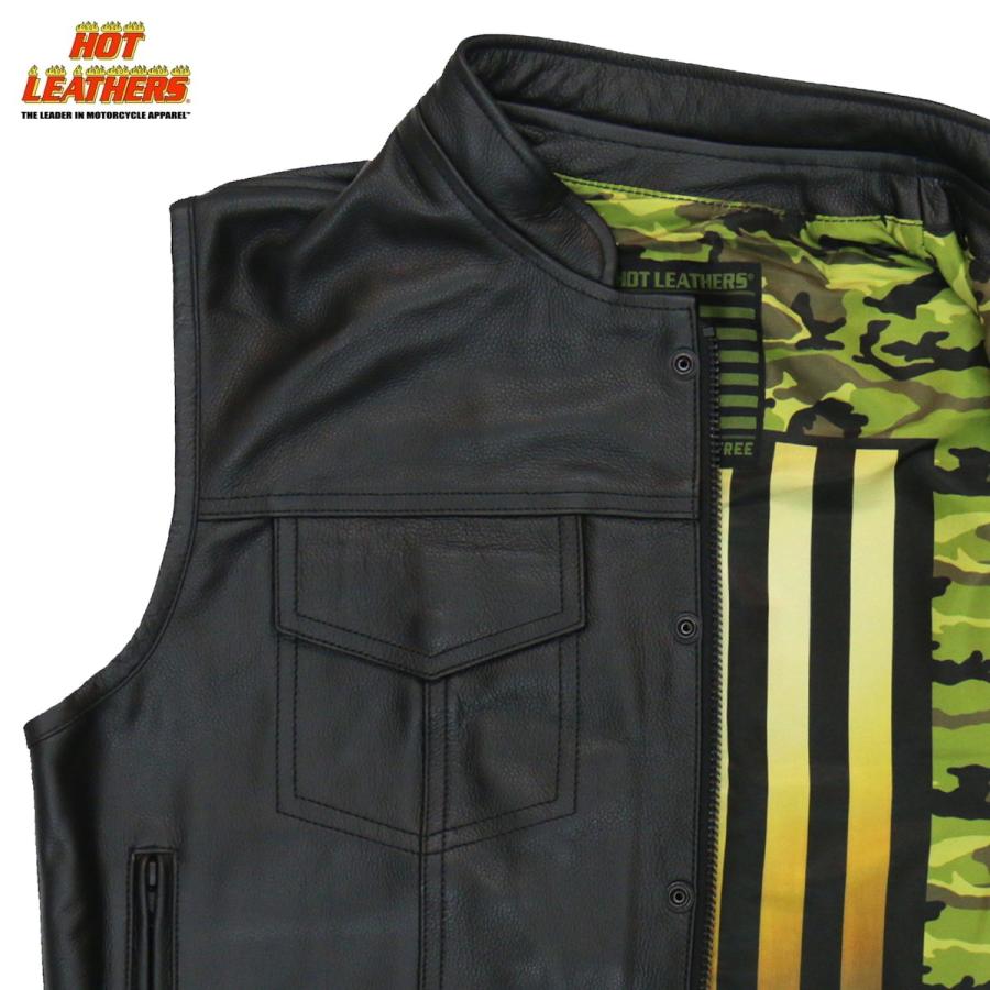 Hot Leathers バイク レザーベスト 本革 牛革 Vest Camo Flag Liner 星条旗 カモ 迷彩柄裏地 7ポケット 高級カウハイド 米国ホットレザー メンズ 大きいサイズ