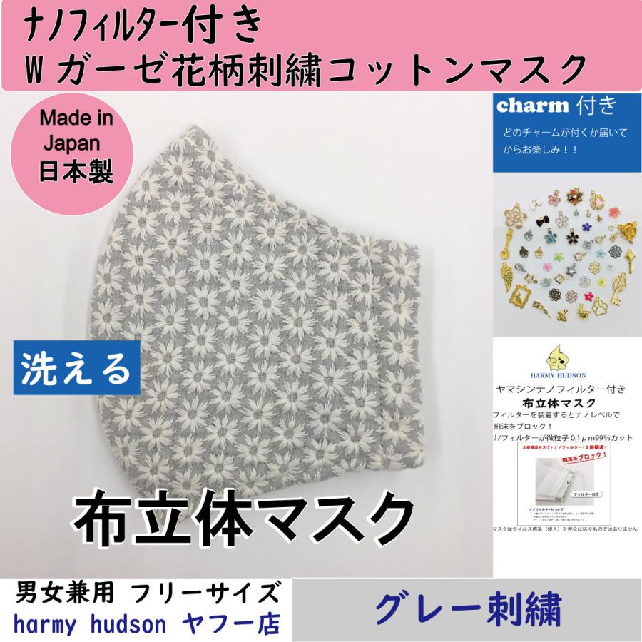 インナーマスク　花柄グレーー１ ナノフィルター付Wガーゼ刺繍花柄コットン（綿）100％ 布立体マスク