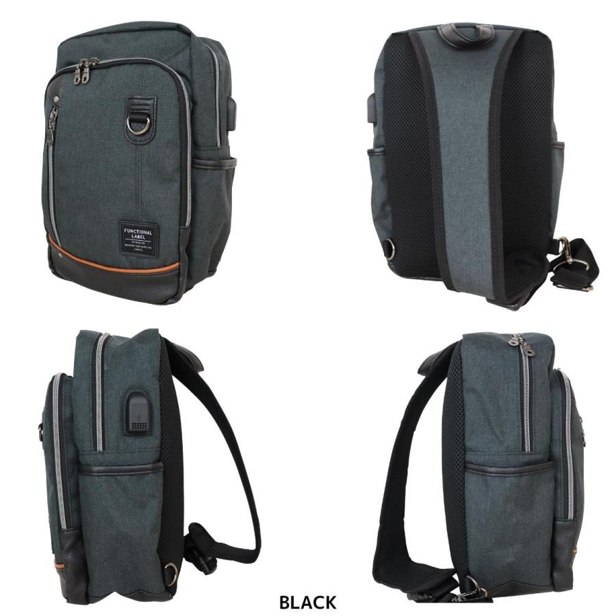 Functional Label ファンクショナルレーベル USB ボディバッグ L メンズ レディース 男性 女性 ユニセックス 男女兼用 ビジネス カジュアル 通勤 会社 08618 |  | 01