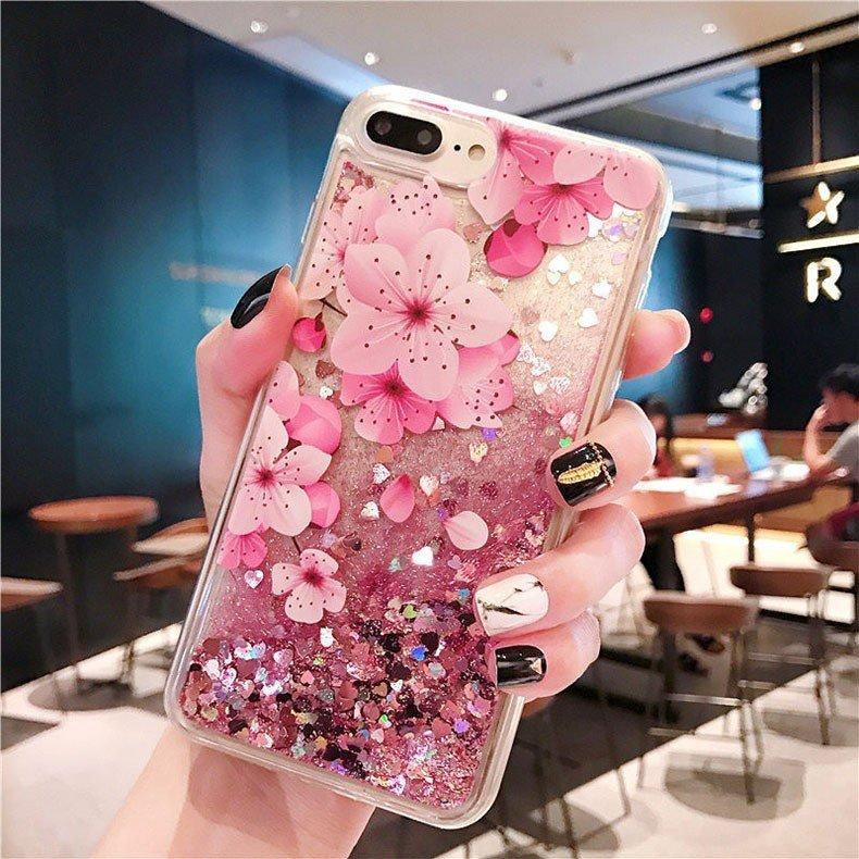 iPhone 【短納期】 フラワー キラキラ 動くグリッター ラメ 流れる桜