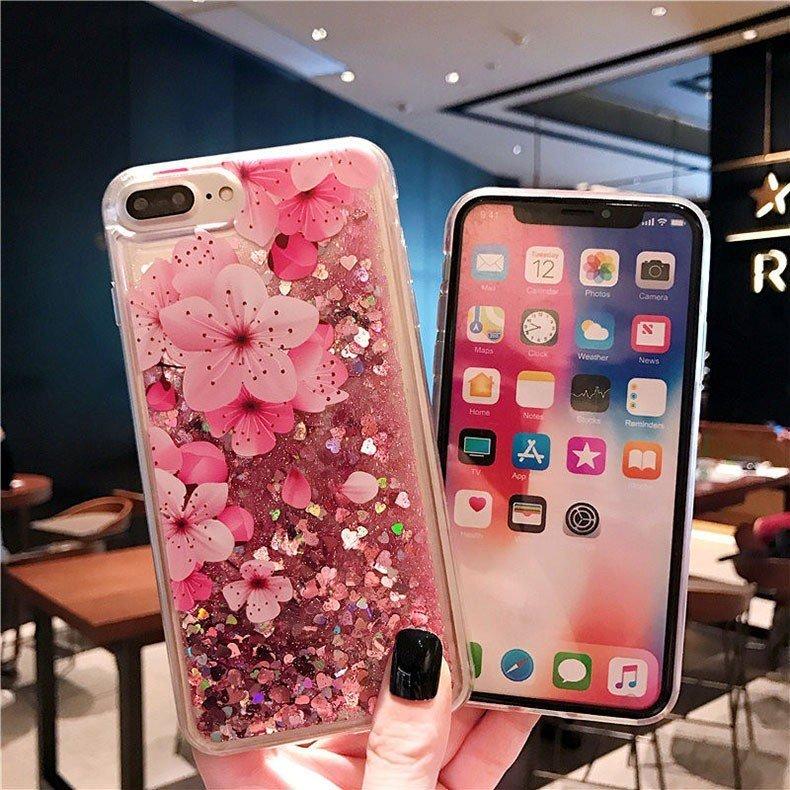 iPhone 【短納期】 フラワー キラキラ 動くグリッター ラメ 流れる桜