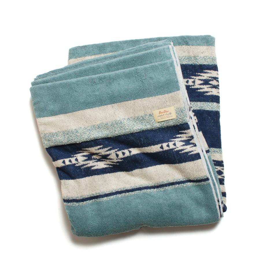 BasShu バッシュ COTTON PILE BLANKET NATIVE BORDER コットンパイル ブランケット 140×190 日本製 Lサイズ ブルー