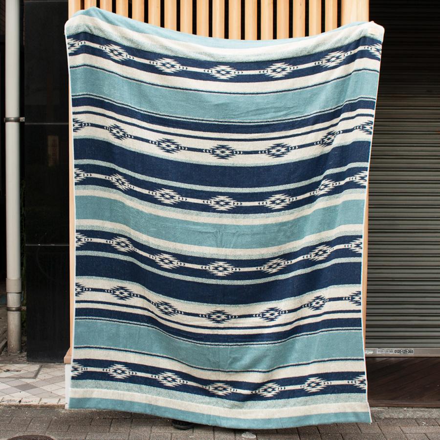 BasShu バッシュ COTTON PILE BLANKET NATIVE BORDER コットンパイル ブランケット 140×190 日本製 Lサイズ ブルー