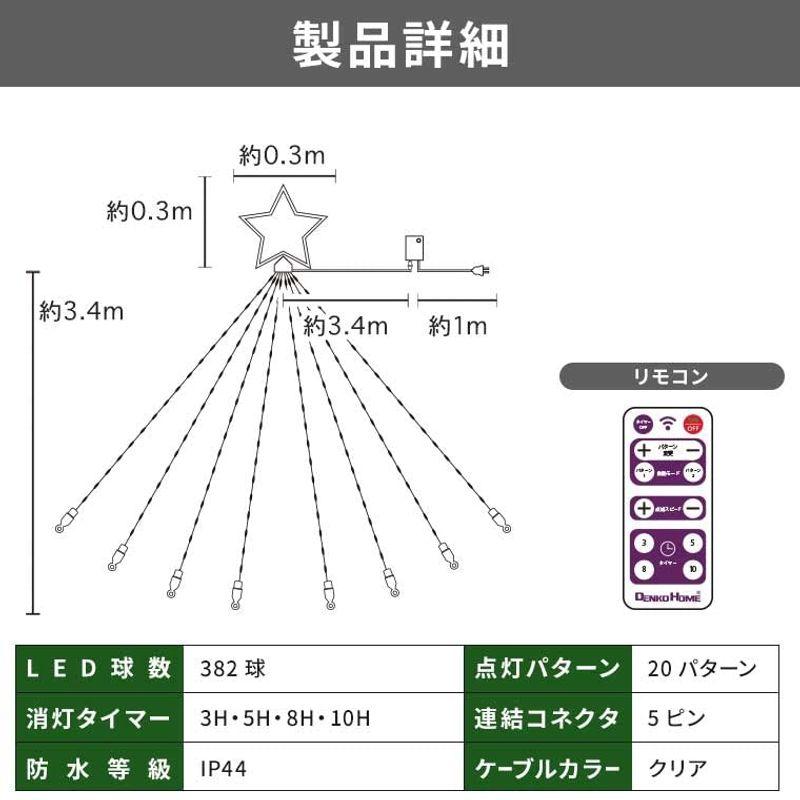 電光ホーム　LED　イルミネーション　3.4m　点灯　ドレープライト　8本　20パターン　リモコン付き　×　防　星モチーフ付き　屋外