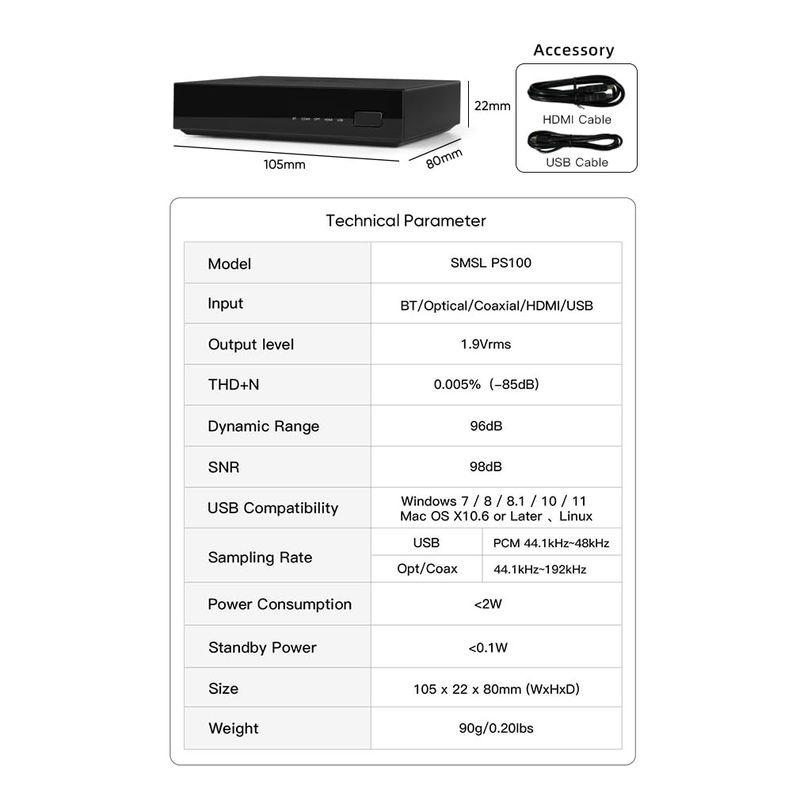 SMSL PS100 デジタルアナログオーディオコンバーター USB/Bluetooth/光/同軸/HDMI ARC入力ステレオ L/R R｜haru-online｜03
