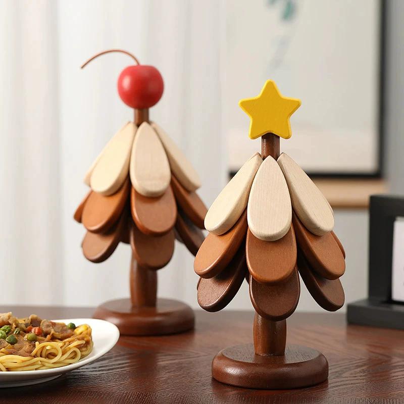木製クリスマスツリー型と竹製花型鍋敷きセット 鍋敷き 木製 ツリー型 3枚 コースター 北欧 耐熱 茶パッド 断熱パッド
