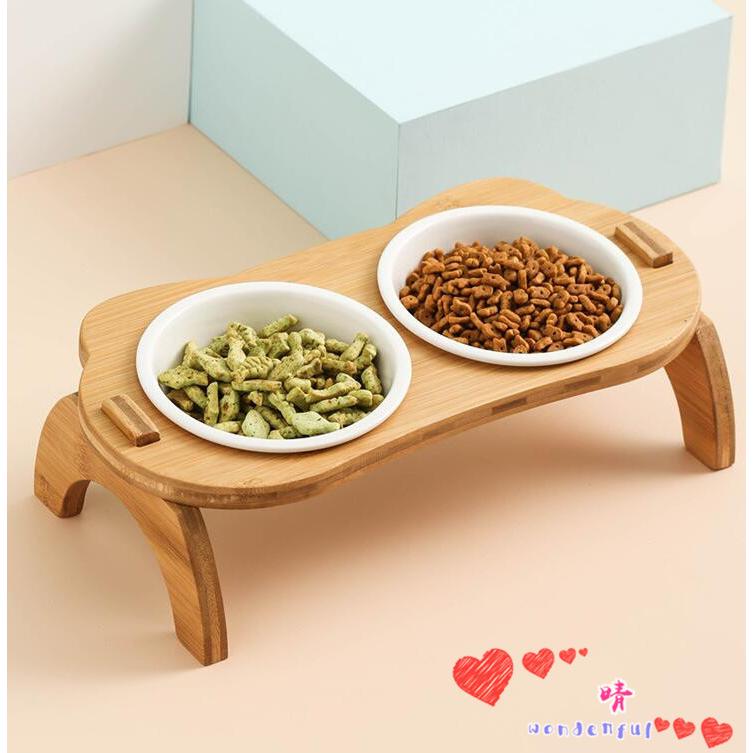 ペット食器 猫用 犬用 フードボウル ペット用 猫食器 犬食器 食器 餌やり 水やり用品 かわいい 竹製 組み立て 2連 2皿 イラスト 台付き Pet0419 02 晴 通販 Yahoo ショッピング
